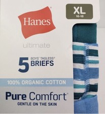 Hanes Ultimate Boys Sz XL 16-18 Organic Cotton Pure Comfort Brief Underwear 5 Pk