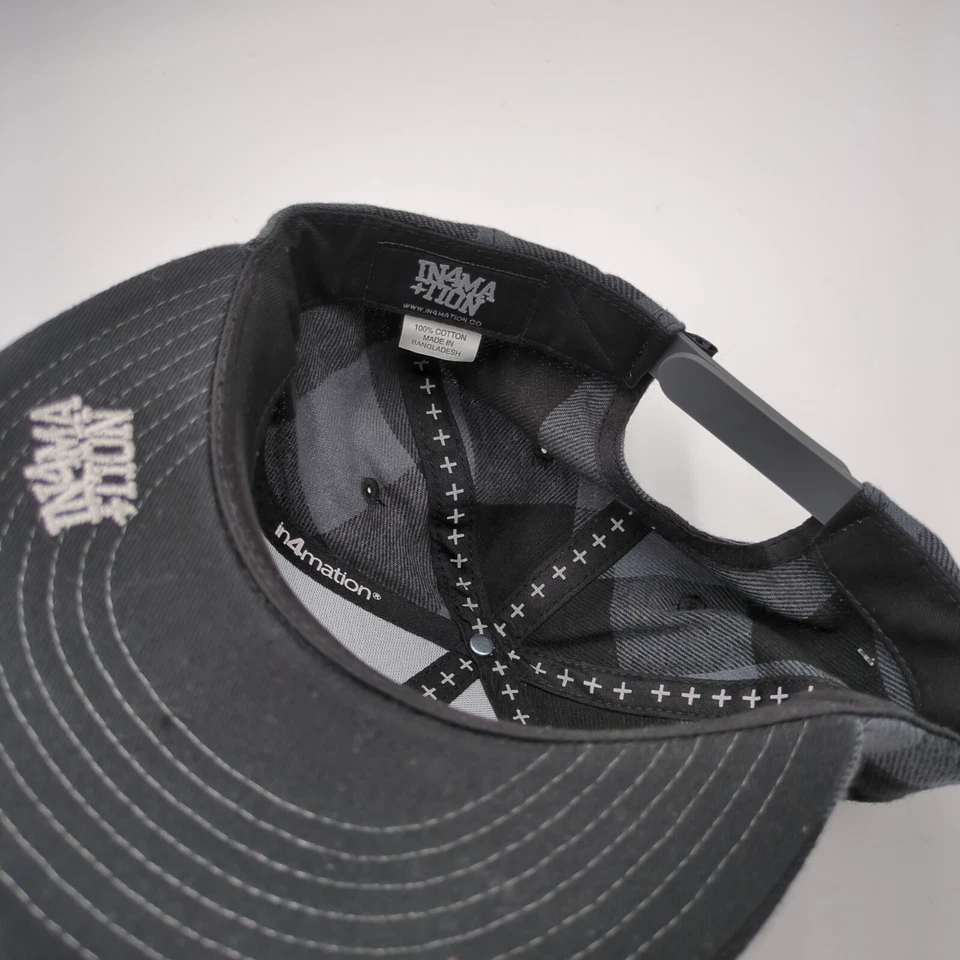 Chapéu ajustável Hi In4mation preto cinza xadrez Snapback RARO 100% algodão - Imagem 4 de 4