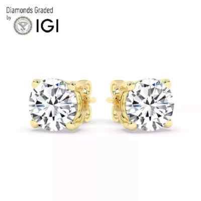 2.00 Carat E VVS2 Lab Grown Diamond Stud Earrings 14k Yellow Gold Push ...