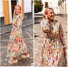 ZARA OYESTER WHITE PRINTED MIDI MAXI DRESS WITH BELT SIZE XS REF: 5216/253