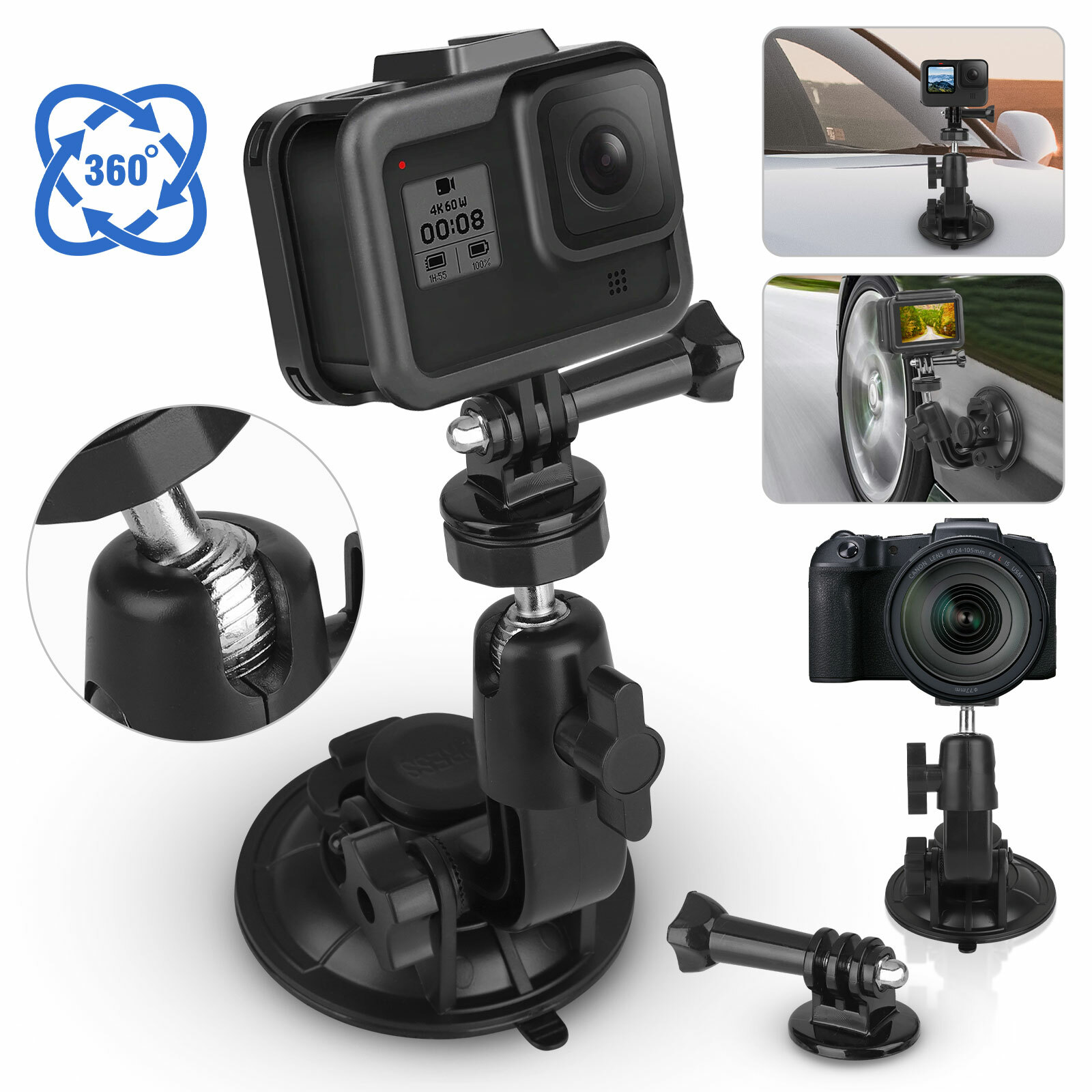 360&deg; Suction Cup Car Holder Mount Cradle for GoPro Hero 10 9 8 7 DJI OSMO Camera