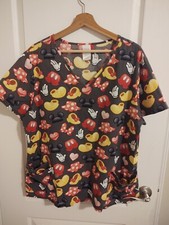 Disney's Mickey and Minnie Emoji Women's V-Neck Printed Scrub Top Size Large