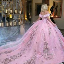 Pink Glitter Crystal Applique Lace Beaded Quinceanera Dress Ballgown Sweetheart