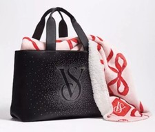 Victoria  s Secret Cozy Sherpa Bow Blanket  Black Shine Zippered Tote Bag New