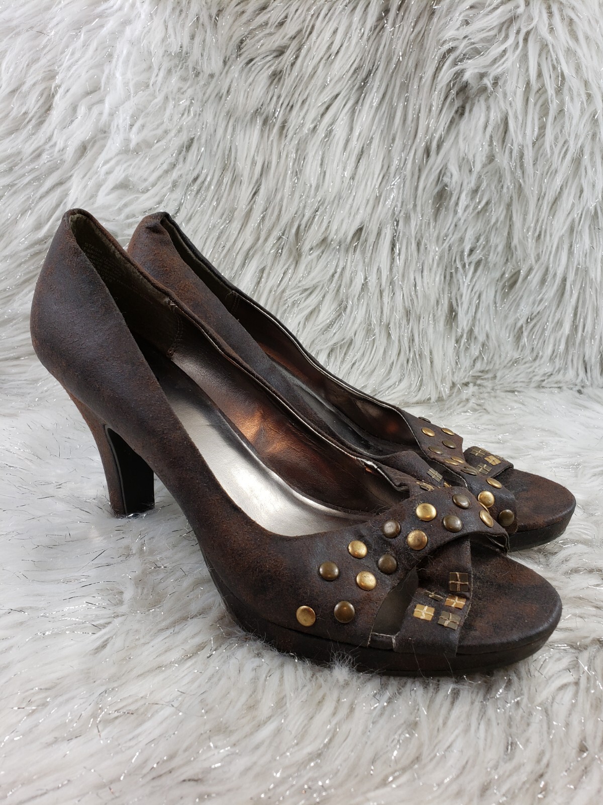 L.E.I Stash Brown Basic Studded Open Toe Pumps He… - image 2