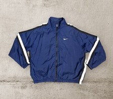 VTG 90s Nike Big Swoosh Nylon Jacket Fleece Lined Navy Blue White Tag Mens 2XL