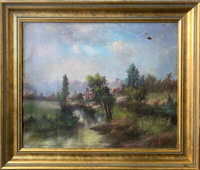 Tableau Ancien Signé - Peinture Paysage Animé XIXe Siècle - Huile Sur Toile - à Identifier