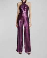 $547 Halston Women's Purple Danielle Wide-Leg Sequin Halter Jumpsuit Size 6