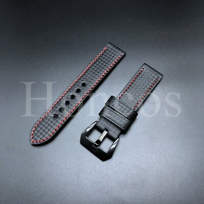 26 MM Carbon Fiber Black/Red Leather Watch Band Strap fits for Panerai Luminor