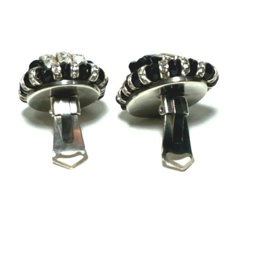 Domed Clip Earrings Rhinestone Channel Set Rondelle Big Clear Black Vintage 50's - Picture 7 of 9