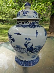 EXC Antique Reproduction Chinese Blue & White Kangxi Qing Vase Jar Lid Signed