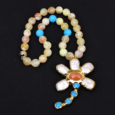 18'' Yellow Fire Agate Blue Turquoise Stone Necklace White Keshi Pearl Pendant