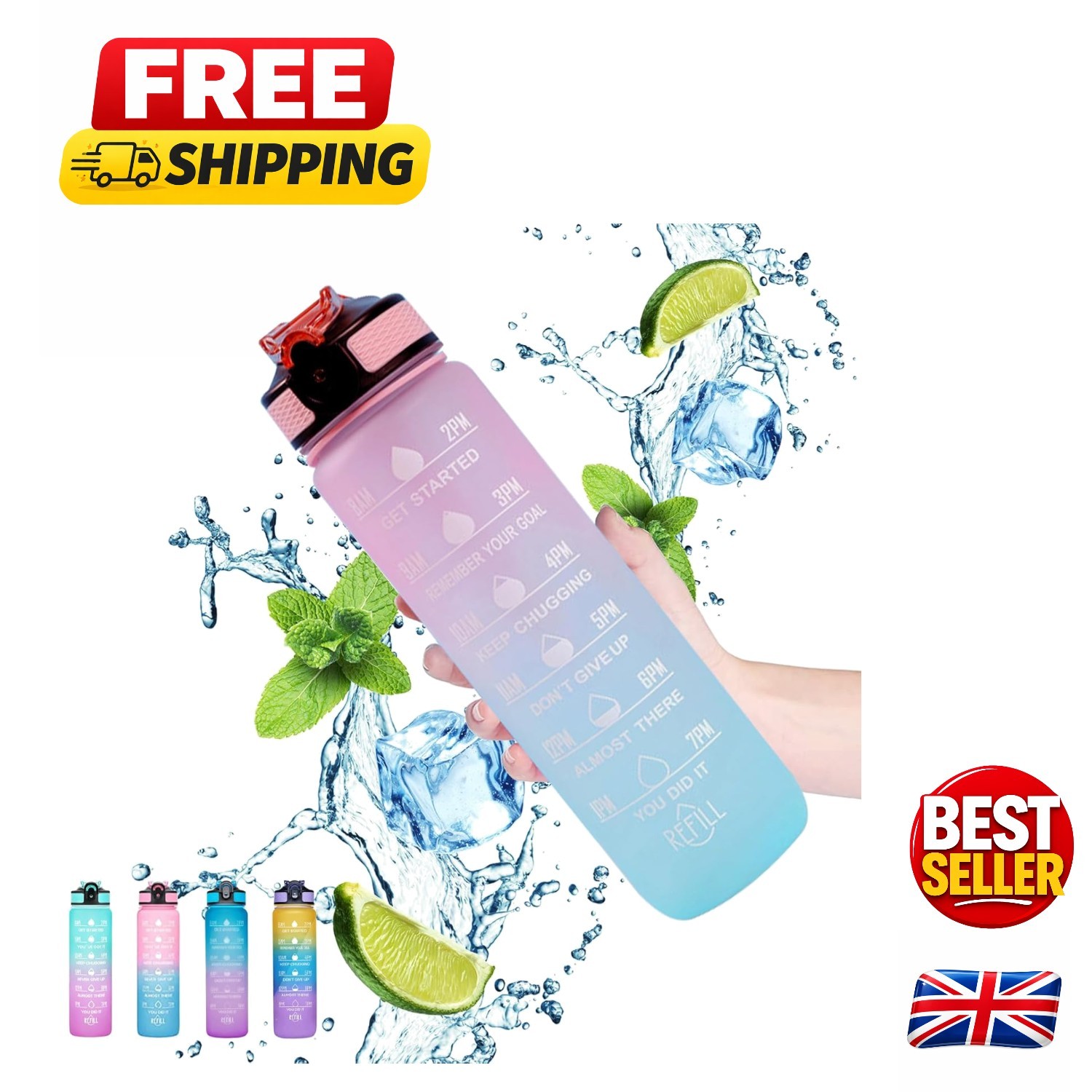 1L Motivational Water Bottle with Time Marker and Straw - Leak-Proof Pink Design