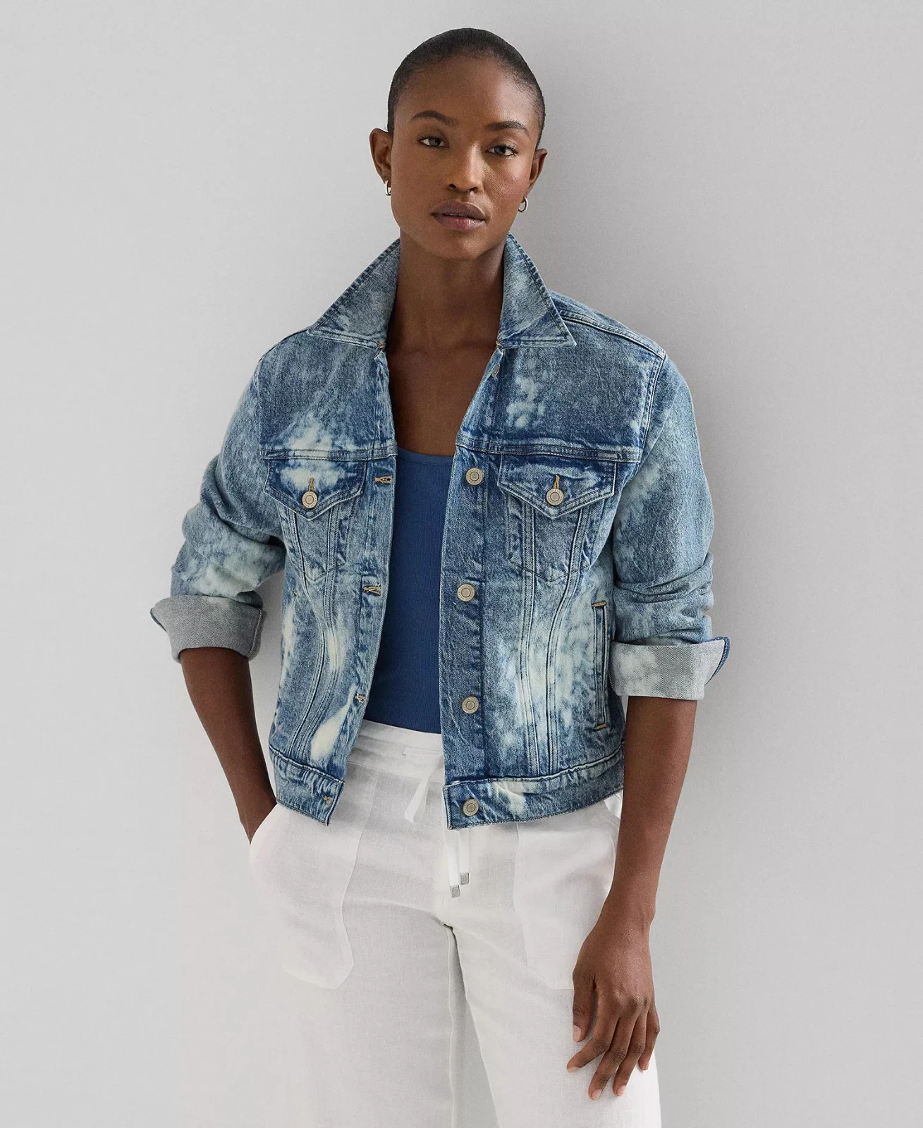 Lauren Ralph Lauren-Bleach-Splattered Denim Jacket Stretch Trucker vintage