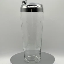 Vintage Mid Century Modern Etched Glass Cocktail Shaker Chrome Lid 10.5” MCM