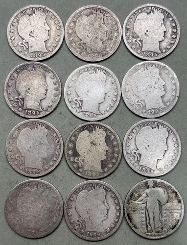 12 Silver Quarter Lot. $3 Face. 11 Barber 1 SLQ. 90% silver