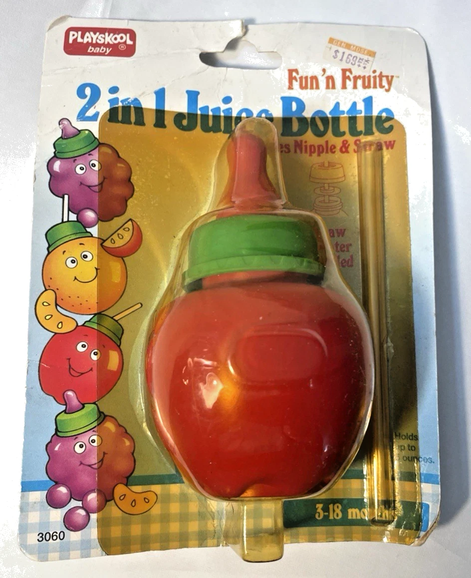 PlaySkool Fun 'n Fruity 2 in 1 Juice Bottle Straw Nipple Apple VTG 1992