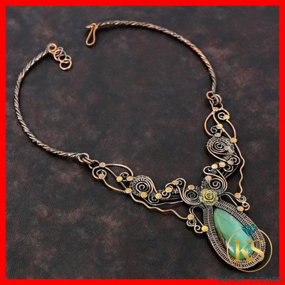 Chrysoprase Gemstone Mother Wire Wrapped Flower Chain Necklace Jewelry Copper
