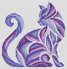 Cross Stitch Printed Pattern Purple Abstract Cat DIY Chart Needlework DMC Color