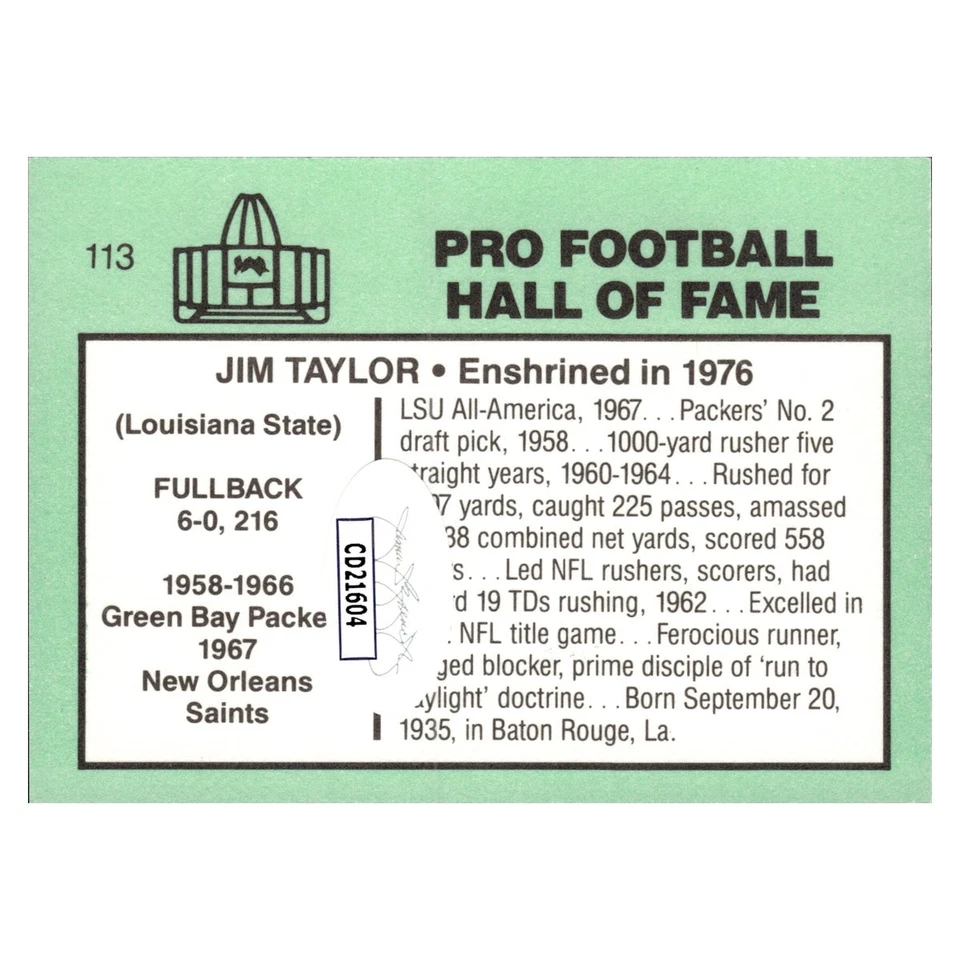 Jim Taylor Green Bay Packers Autographed Signed Immortals Card (JSA COA) - Image 2 of 2