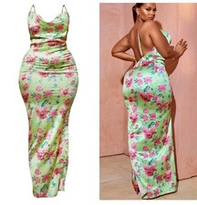 NWT PRETTYLITTLETHING Size 18 Satin Cowl Neck Floral Maxi Dress Wedding Formal