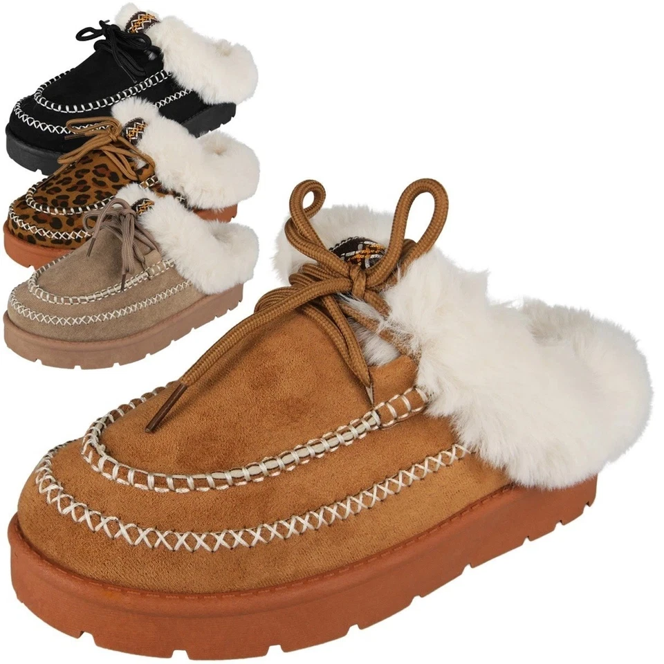 SHU MANIA Womens Slip On Slippers Ladies Shoes Warm Faux Fur In Out Door Lined Sizes New