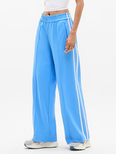 Athleta M Tempo Mid Rise Wide Leg Track Pants Cornflower Blue White Stripes