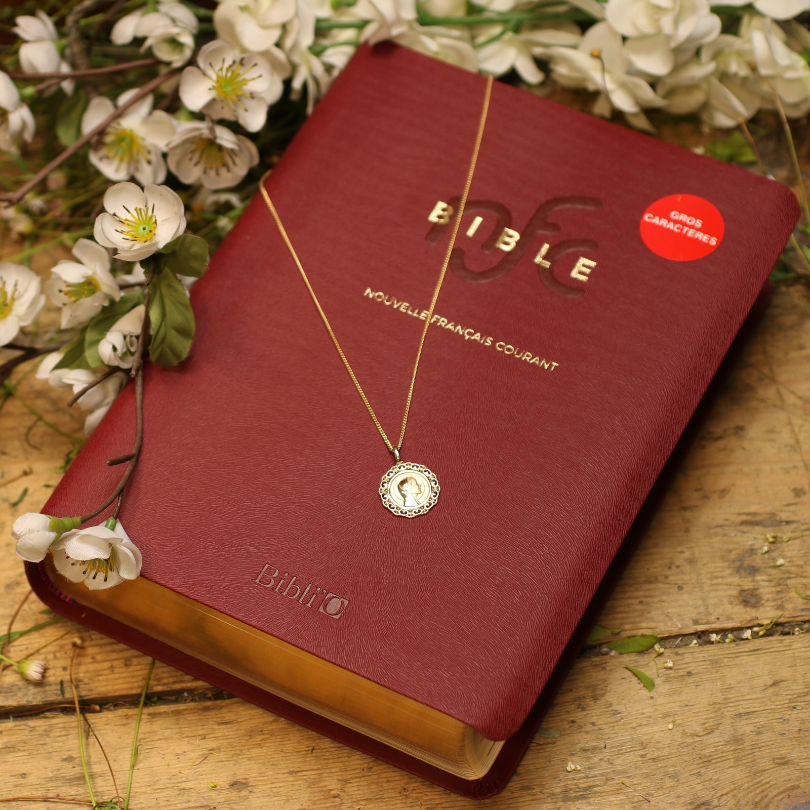 Ensemble Bible de luxe et parure Vierge Marie en plaqué or durable