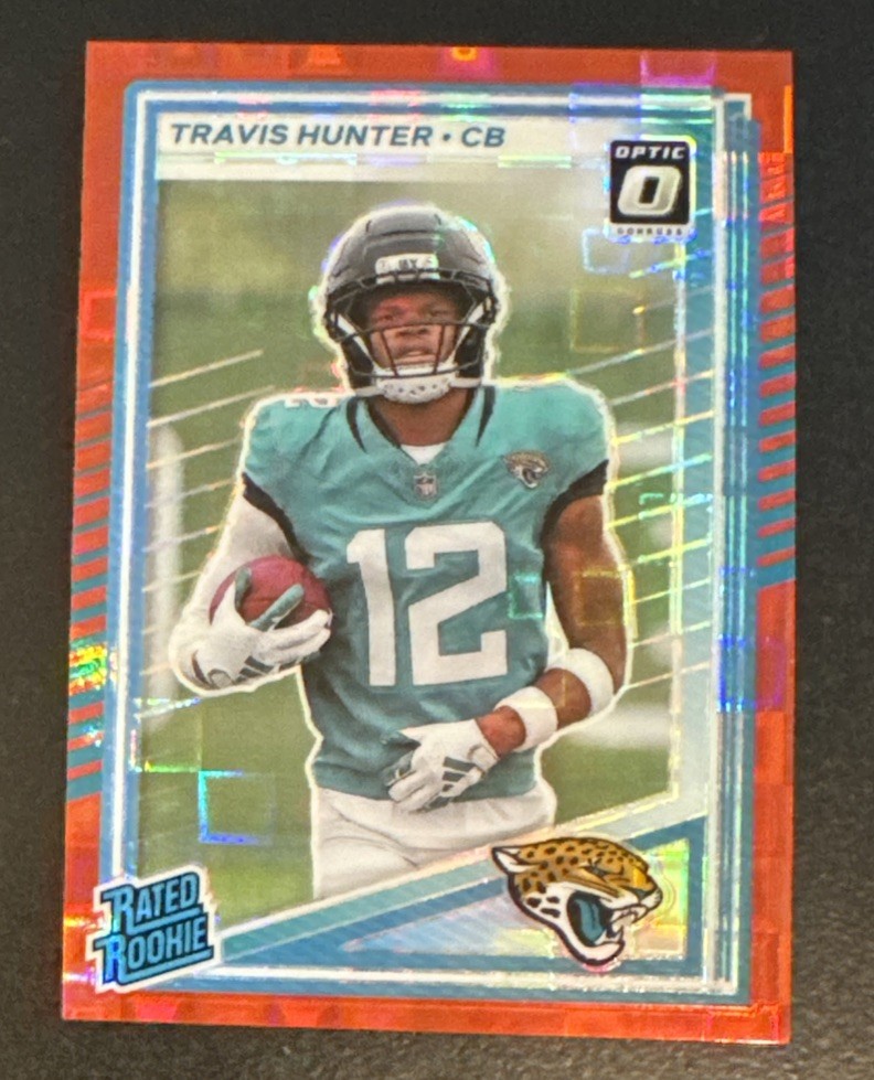 Travis Hunter Red Pandora Prizm 2025 Panini Donruss Optic Preview