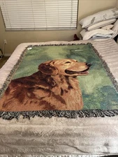 Tapestry Fringe Blanket Throw Golden Retriever Dog Embroidered Shadow NWT 2006