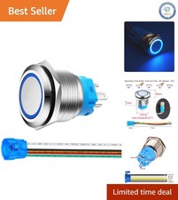 22mm Momentary Push Button Switch with Blue LED - Stainless Steel  Waterproof