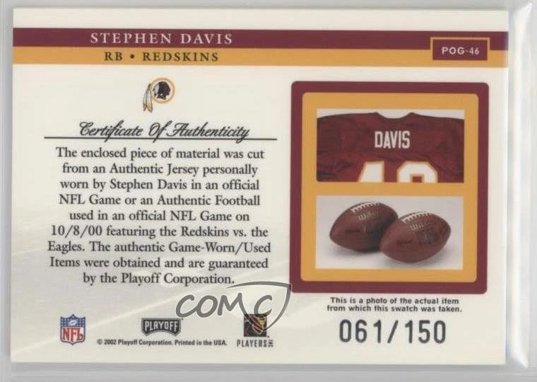 2002 Playoff Piece of the Game Materials 2nd Down /150 Stephen Davis #POG-46 - Image 2 of 2