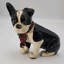 Vintage Cast Iron Boston Terrier Dog Doorstop Sitting Black White