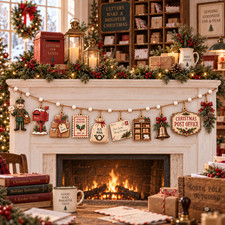 Post Office Wooden Ornament Garland 6 ft Christmas Decor Vintage Mantel Display