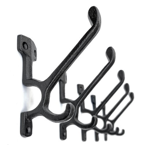 Ambipolar 5 Pack Decorative Cast Iron Heavy Duty Double Hooks, Wall Mounted Coat