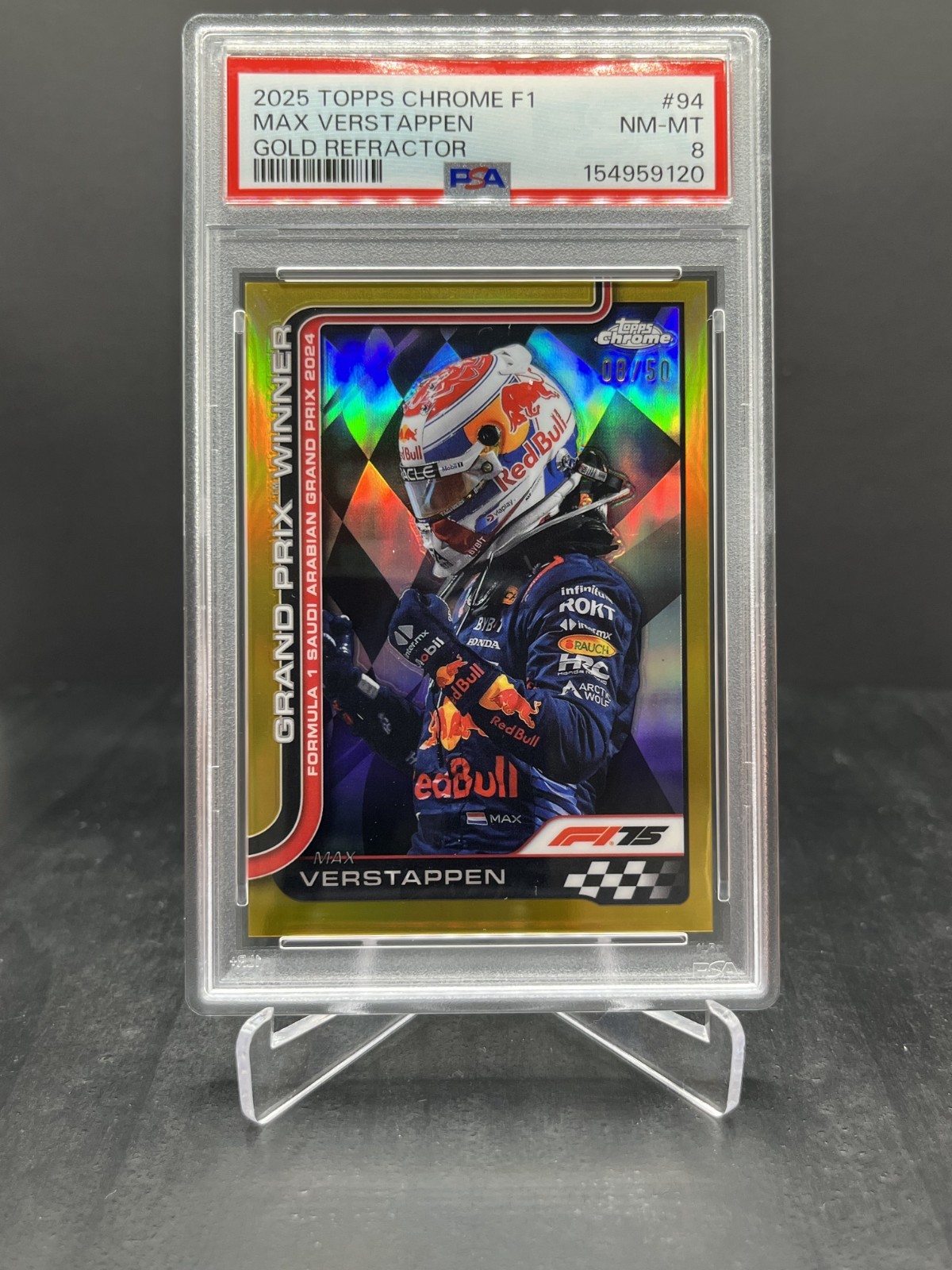 2025 Topps Chrome Formula 1 F1 Max Verstappen Gold Refractor 08/50 PSA 8 #94 view 1