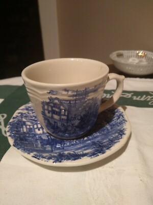 Vintage Vitramik Oxford Blue Transfer Stage Coach or Carriage 6'' Saucer with Cup