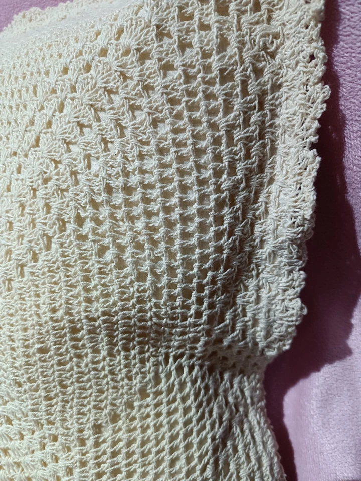 Hand made Crochet Beige Cotton Cushion Cover 16" x 16" Cottage Core Shabby Chic - Image 3 of 4