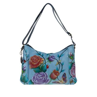   Anuschka Hand-Painted Leather Zip-Front Hobo Bag w Accessories Roses D'Amour  