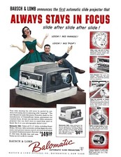 Bausch Lomb Balomatic Vintage 1957 Print Ad Slide Projector Art