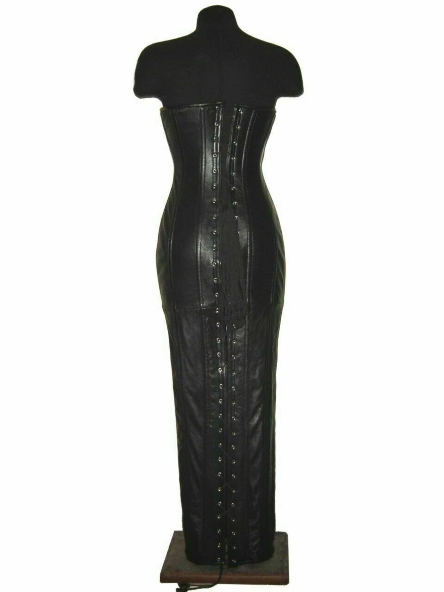 Women's Leather Corset Black Laceup waist binder Mistress Bodycon hobble  dress S