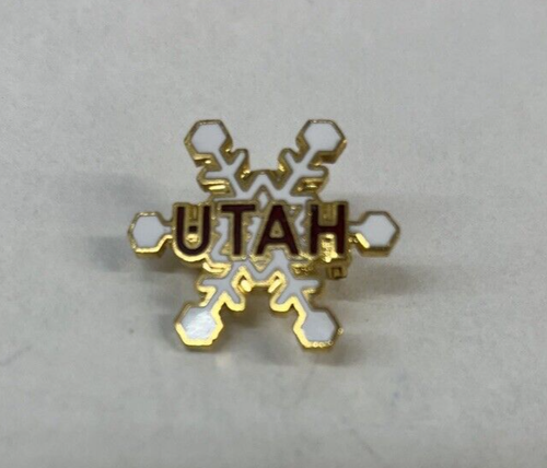 UTAH UT SNOWFLAKE SKI PIN - PINBACK BADGE HAT SKIING RED/WHITE/GOLD - Picture 2 of 5