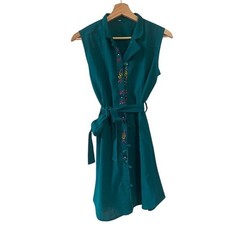 Turquoise Embroidered Sleeveless Shirt Dress Belted Collared Button Front Size M