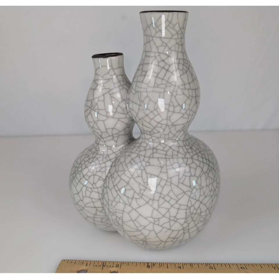 Vtg Crackle Double Gourd Vases White Glaze Ceramic Asian Decor MMA WAQ 1994 - Image 2 of 4