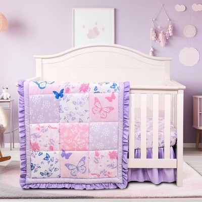 Floral Butterfly Baby Crib Bedding Set - 3 Piece Comforter, Fitted Sheet & Skirt