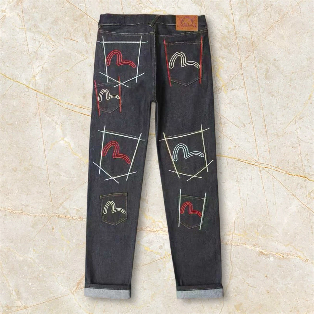 Jean Evisu Brodé Or Et Rouge - Taille 32x34 (FR40) - Coton Vintage Y2K - état Très Bon