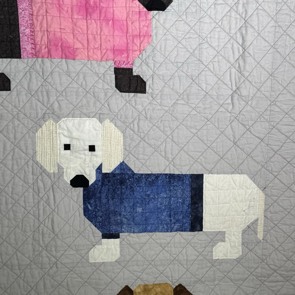 Vintage Handmade Weiner Dog Dachshund Patchwork Quilt 43” X 57” Colorful - Image 4 of 4