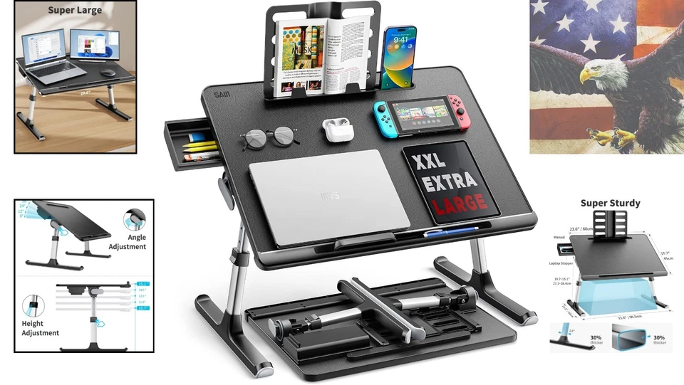 Bandeja de cama portátil X-Large para computadora portátil - Altura ajustable con deslizamiento para mouse y cajón Foto 2 de 4
