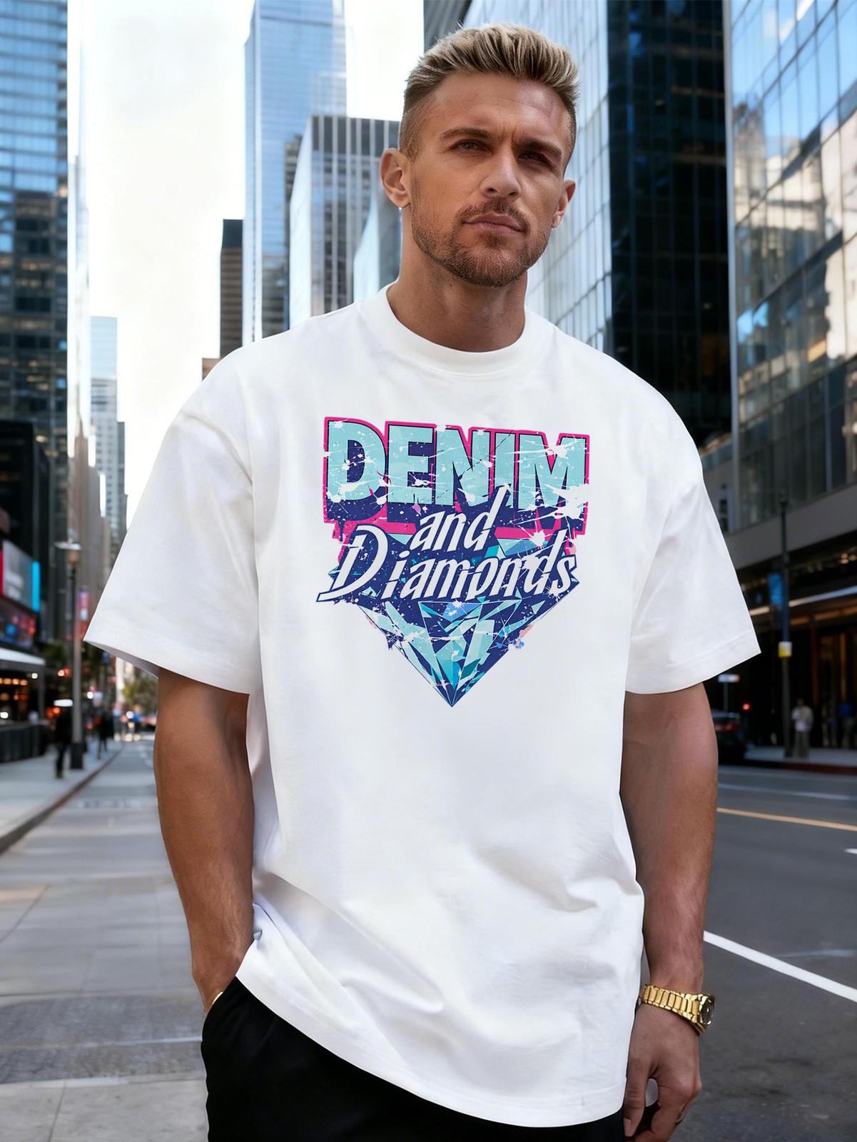 Denim and Diamond Graphic 100% Cotton Men's T-Shirt For Daily Streetwear