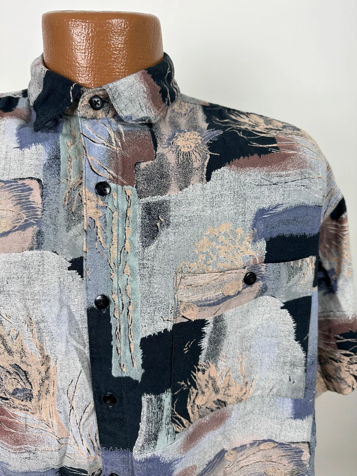 Vintage 90s Geometric Abstract Shirt Men L Button Up Floral Feather Van Heusen - Image 2 of 4